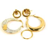 A group of various earrings, to include a pair of 9ct gold hoop earrings, each set with paste stones