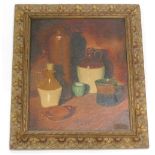 20thC School. Still life with stoneware flagons, mugs, etc., oil on board, indistinctly signed, 36cm