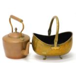 A Victorian copper and brass kettle, and a small copper coal bucket with hammered decoration. (2)