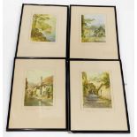 After L Bowden. Clovelly Devon, Porlock Exmoor and Dunster Exmoor, coloured prints, a set of four,