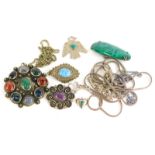 A group of silver and other costume jewellery, to include a turquoise pendant, on silver plated