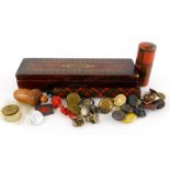 Miscellaneous items, to include two tartanware needle cases, a carved wooden acorn, various