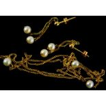 A cultured pearl necklace and earring set, comprising a pair of 9ct gold chain and cultured pearl