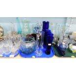 Glassware, to include various liqueur glasses, blue glass jug and glasses, trinket dishes, vases,