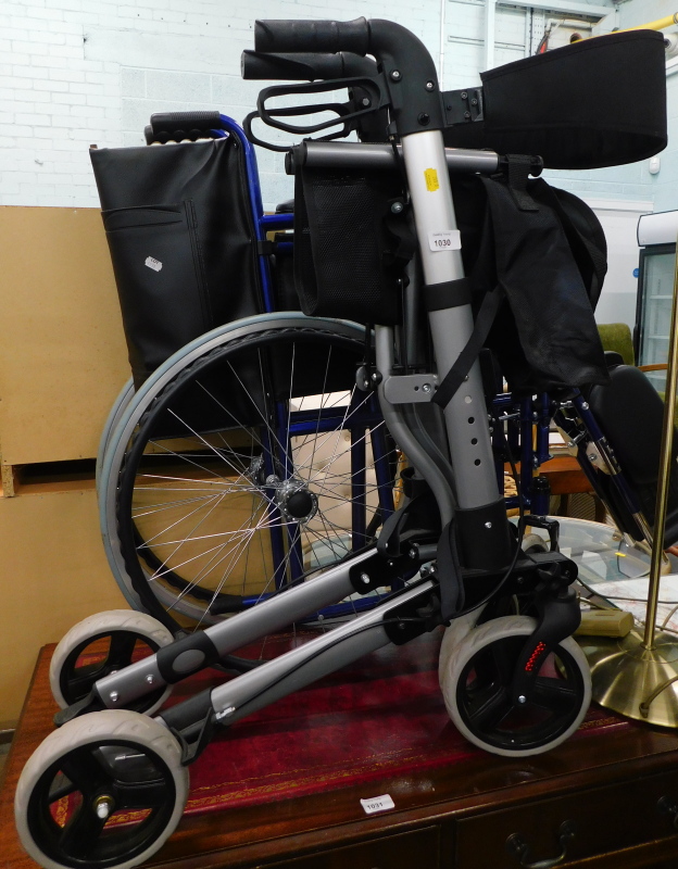 A folding wheelchair and a folding mobility walker.