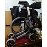A folding wheelchair and a folding mobility walker.