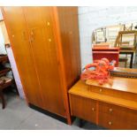 A teak mirror backed dressing table and a double wardrobe, painted cupboard, a storage box, a