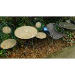 A garden or patio table, with mosaic to the top and two matching chairs, two woven chairs and a