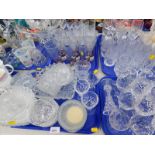 Glassware, to include glass bell, drinking glasses, trinket dishes, etched glass jug, tumblers,