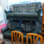 A green leather three seat sofa, and two matching armchairs, stamped BD.