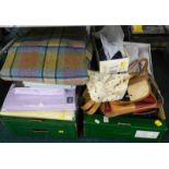 Various pictures, prints, wall mirror, tartan blanket, bed linen, ladies handbags, etc. (a