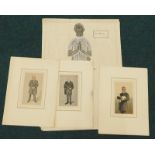 Three Spy prints, unframed, and three brass rubbings, unframed, (6).