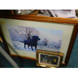 A framed print of a black Labrador in a snow scene, hunting print, etc. (a quantity)