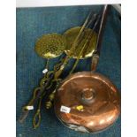 A copper warming pan, fire side implements, etc. (a quantity)