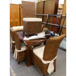 A modern rectangular dining table, and six woven chairs, etc.