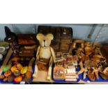 A collection of treen, to include an Eastern style lidded casket, jointed teddy bear, carvings of
