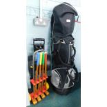 A quantity of golf clubs in bag, golf trolley, part croquet set, etc. (a quantity)