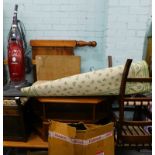 A collection of items, to include a piano stool, Hoover vacuum cleaner, pine headboard, coffee