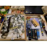 Various boxed and loose souvenir spoons, place mats, flatware, cased Viners canteen of cutlery, etc.