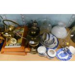 Various part tea and dinner wares, brass oil lamp base, brass light fitting, various car advertising