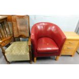 A caned back armchair, a red leatherette tub chair, and a modern oak chest of three drawers.