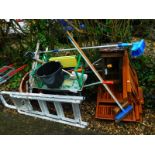 A quantity of general tools, folding garden chairs, step ladders, wheel barrow, etc.