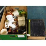 Two stoneware jars, a treacle glazed Toby jug, leather bound Bible, onyx table cigarette table