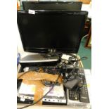 A Toshiba 18" flatscreen television, an LG monitor, Panasonic DVD plater, Humax freeview play