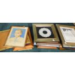 Various pictures, prints, empty photograph frames, pencil drawing of a young boy, signed to bottom