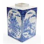 A Chinese porcelain blue and white porcelain tea canister, of rectangular form, decorated with