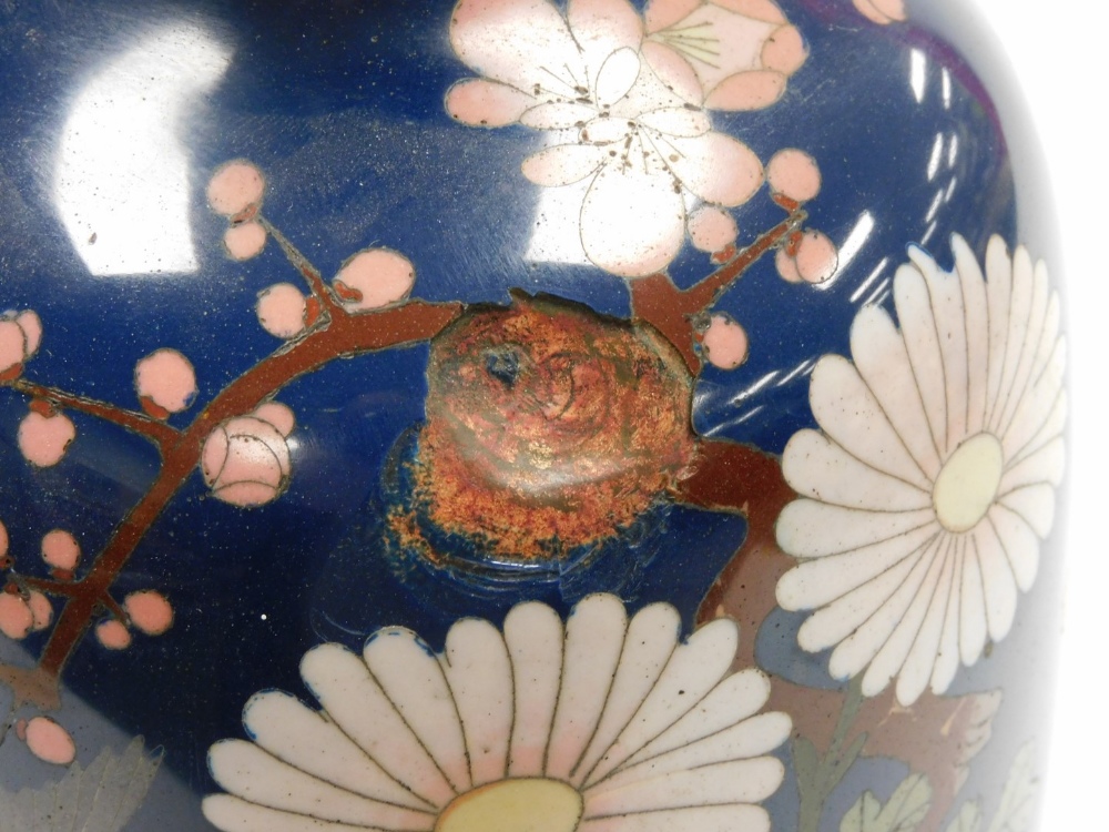 A Meiji period Japanese cloisonne baluster vase, decorated with flowers on a blue ground, 35cm high. - Image 7 of 8