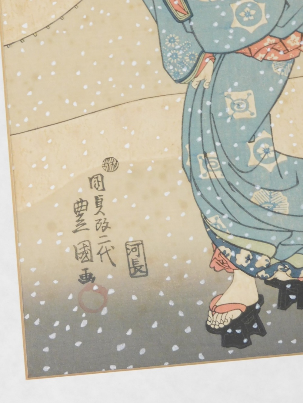 A Japanese woodblock triptych, "Abundant snow at the end of the year" by Utagawa Kunisada (also - Image 5 of 7