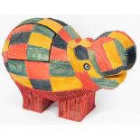 A multi coloured hide, wicker and metal framed hippo storage box, 79cm high, 106cm wide, 37cm deep