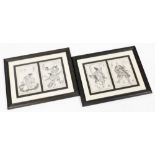 Four Japanese prints of samurai in flowing robes, framed in Pairs, 22cm x 32cm. (2)