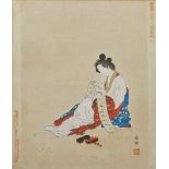 A Japanese print, depicting the seated figure of a geisha with kimono falling from her shoulders,