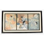 A Japanese woodblock triptych, titled "View of a Storm" depicting women and a child within rooms