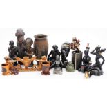 Various metal ware, African treen carvings, Studio style vase, African tribal monkey and owl group