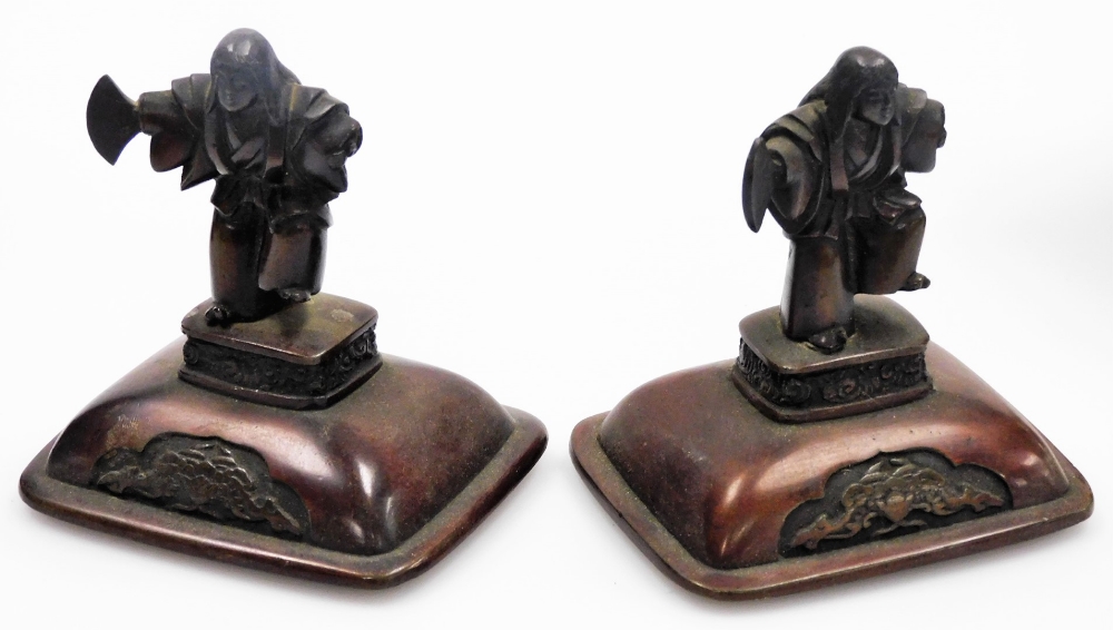A pair of Japanese bronze incense burners, each with domed lids with Sambaso dancer knops, the - Image 7 of 10