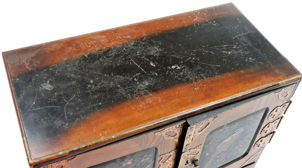 A Japanese Meiji period parquetry and lacquer table cabinet, with two doors opening to reveal six - Image 7 of 7