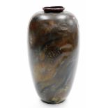 A Japanese inlaid bronze ovoid vase decorated with fishes, etched mark to base, Meiji period, 29cm
