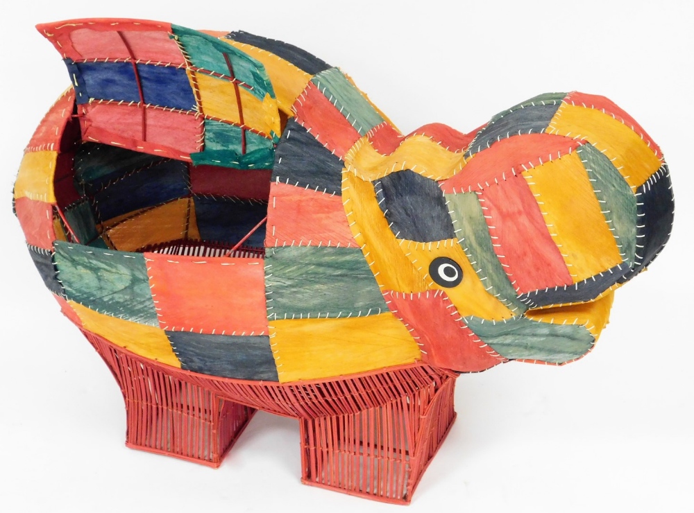 A multi coloured hide, wicker and metal framed hippo storage box, 79cm high, 106cm wide, 37cm deep - Image 2 of 2