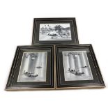 Three Oriental pictures, 32cm x 20cm, each in modern frame.