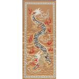 A 20thC Chinese silk embroidery panel depicting a dragon among clouds, the body composed of