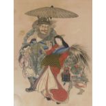 A Japanese woodblock print, depicting a geisha escorted by Shoki holding a parasol with an oni