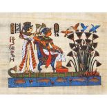 An Egyptian papyrus paper painting, depicting two Egyptian figures, birds and flowers, 17cm x