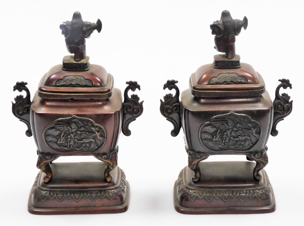 A pair of Japanese bronze incense burners, each with domed lids with Sambaso dancer knops, the - Image 3 of 10