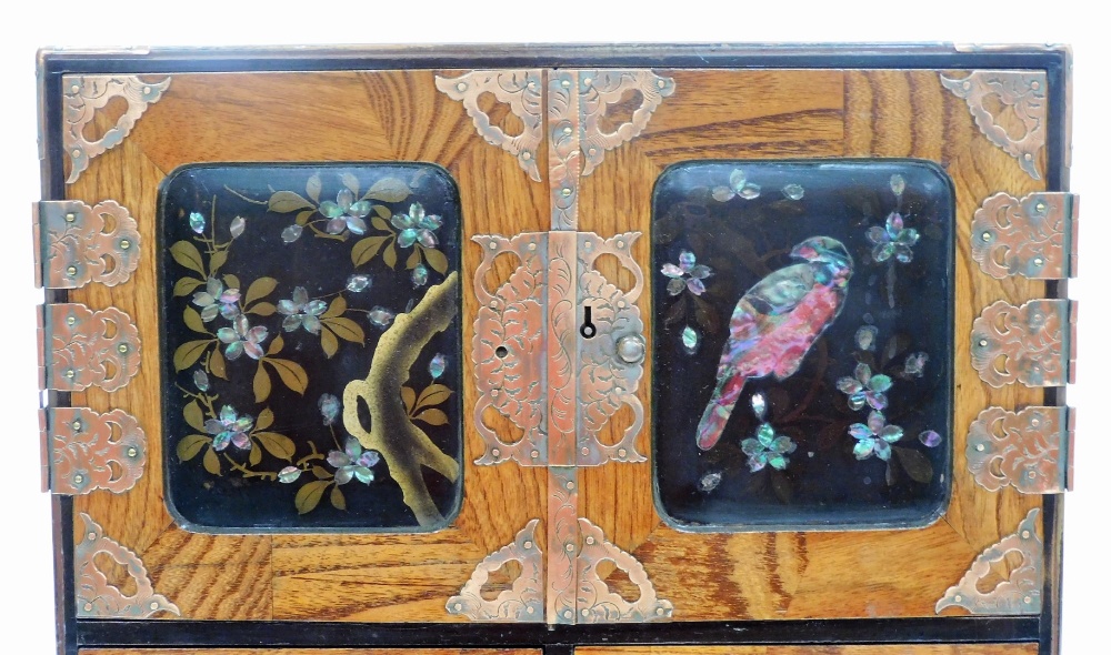 A Japanese Meiji period parquetry and lacquer table cabinet, with two doors opening to reveal six - Image 3 of 7