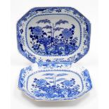 A duo of 18thC Chinese blue and white porcelain octagonal export meat plates, decorated with