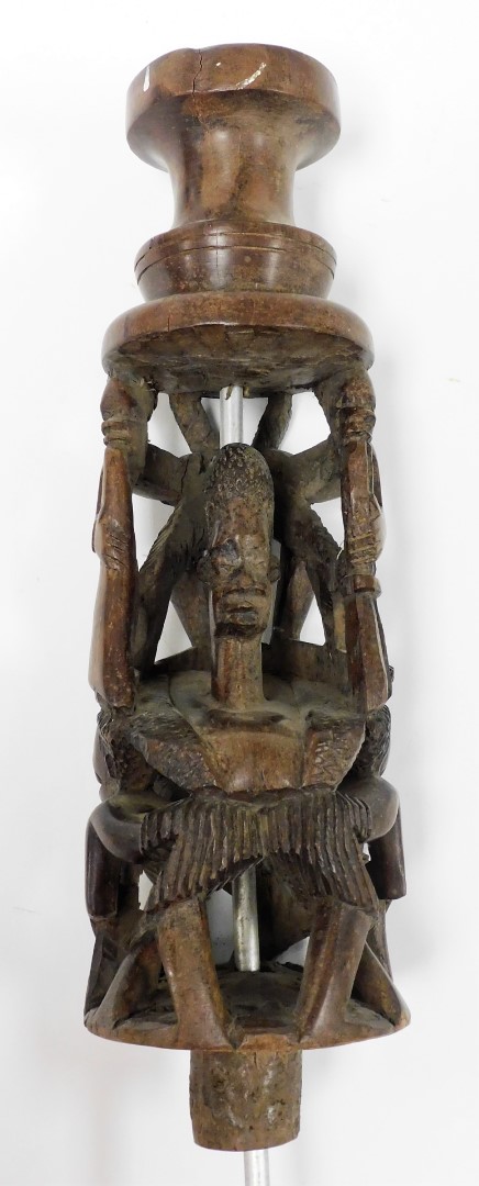 A 20thC African tribal carved pillar, of four sections formed as many figures with elaborate hair - Image 2 of 11