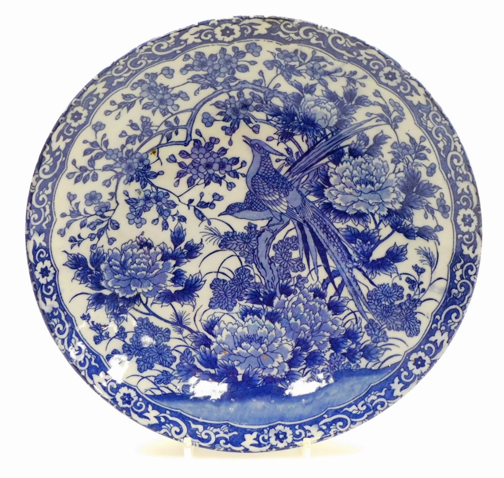 A Japanese Meiji style pottery plate, transfer printed with exotic birds and flowers, 31cm diameter, - Image 2 of 5